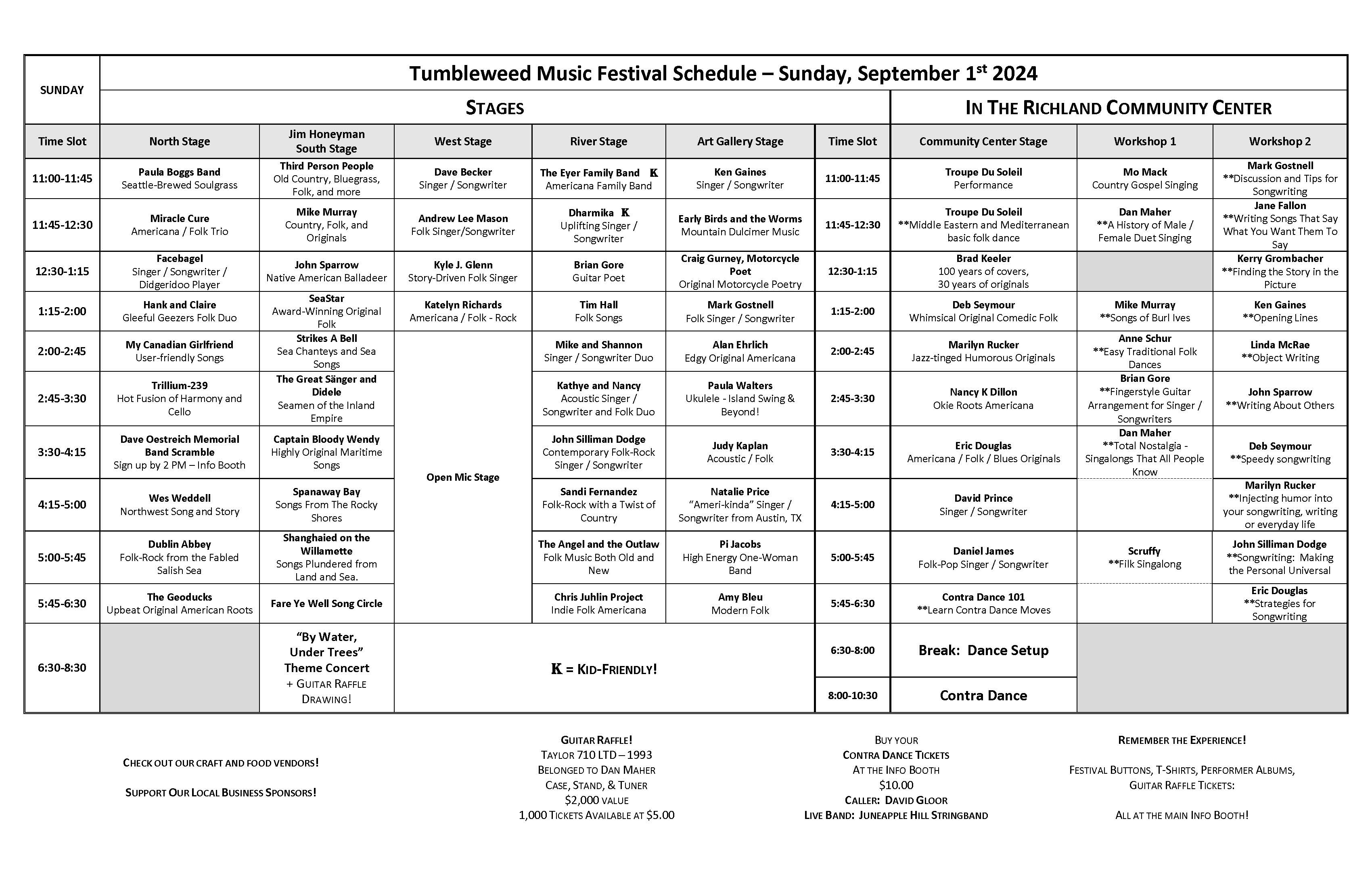 Tumbleweed Schedule for Sunday, September 1st